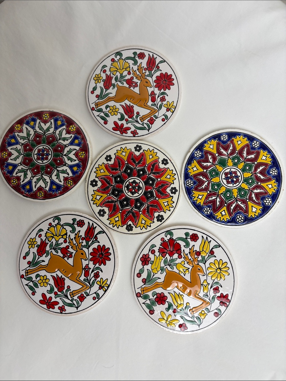 VTG Greek Ceramic Coasters Handpainted Set of 6 - Rhodes Deer Mandala Troulis
